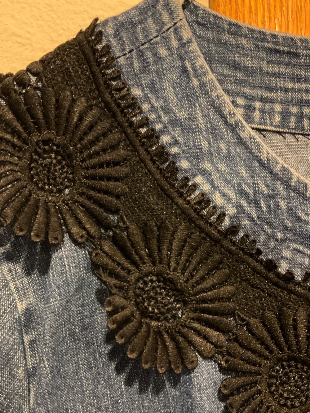 Westport Woman Blue Denim Jacket with Black Floral Appliqué - Picture 2 of 5